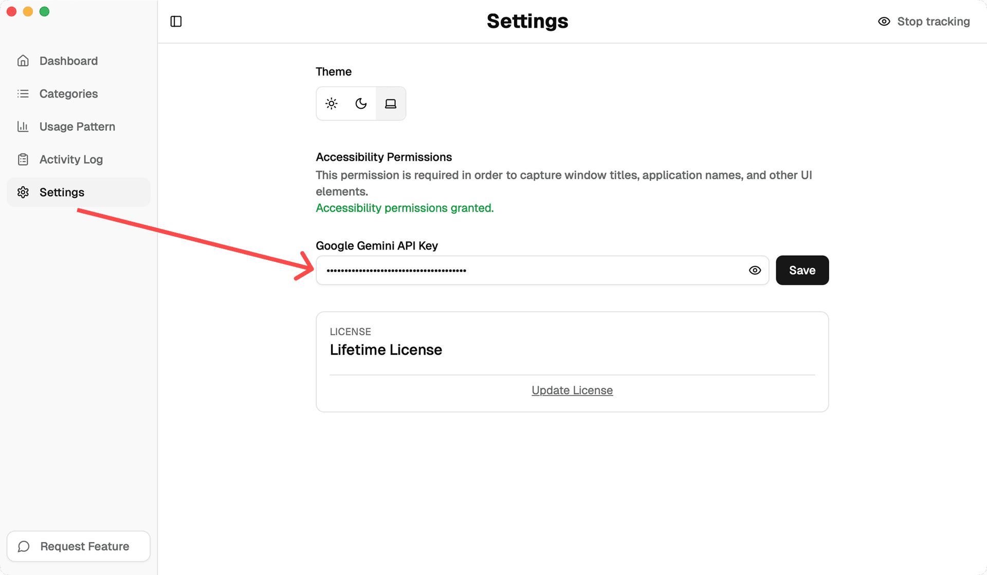 Indistractable Settings showing Google Gemini API Key configuration